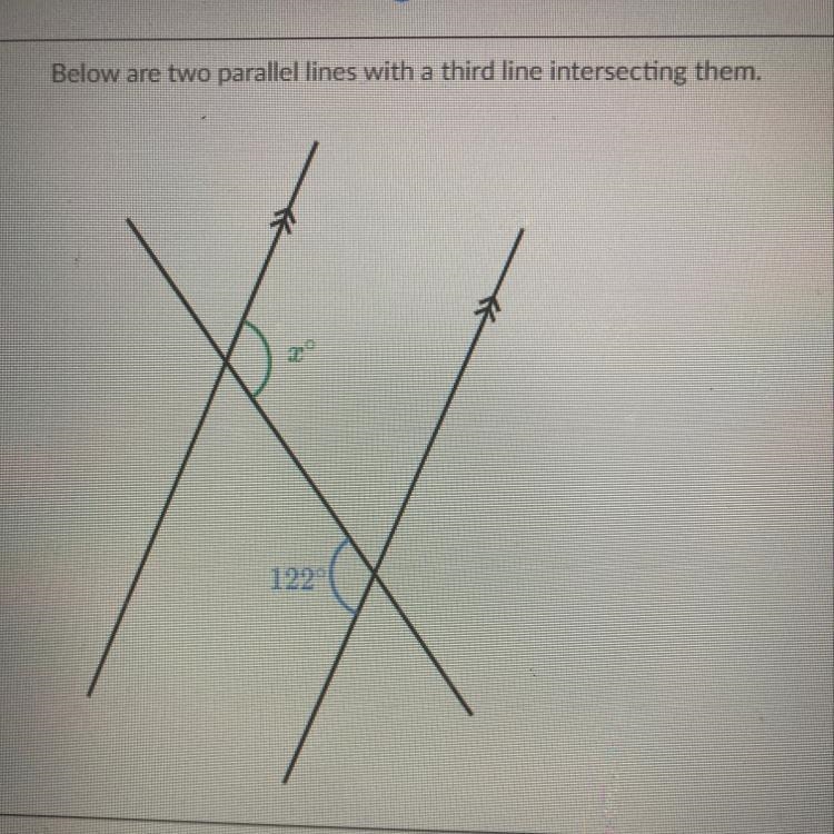 Below are two parallel lines with a third line intersecting them X = ?-example-1