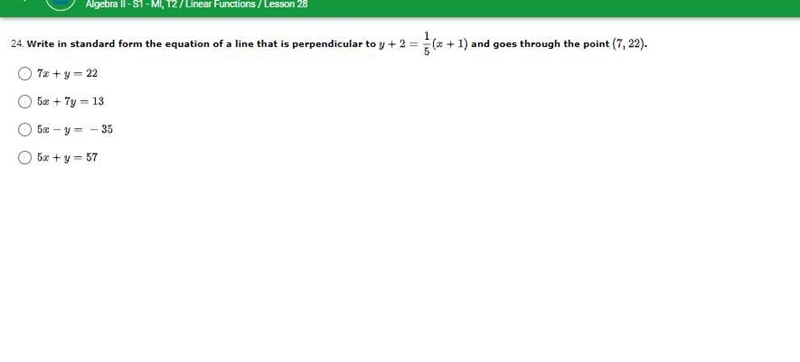 Write in standard form the equation of a line that is perpendicular to y+2 = 1/5 (x-example-1