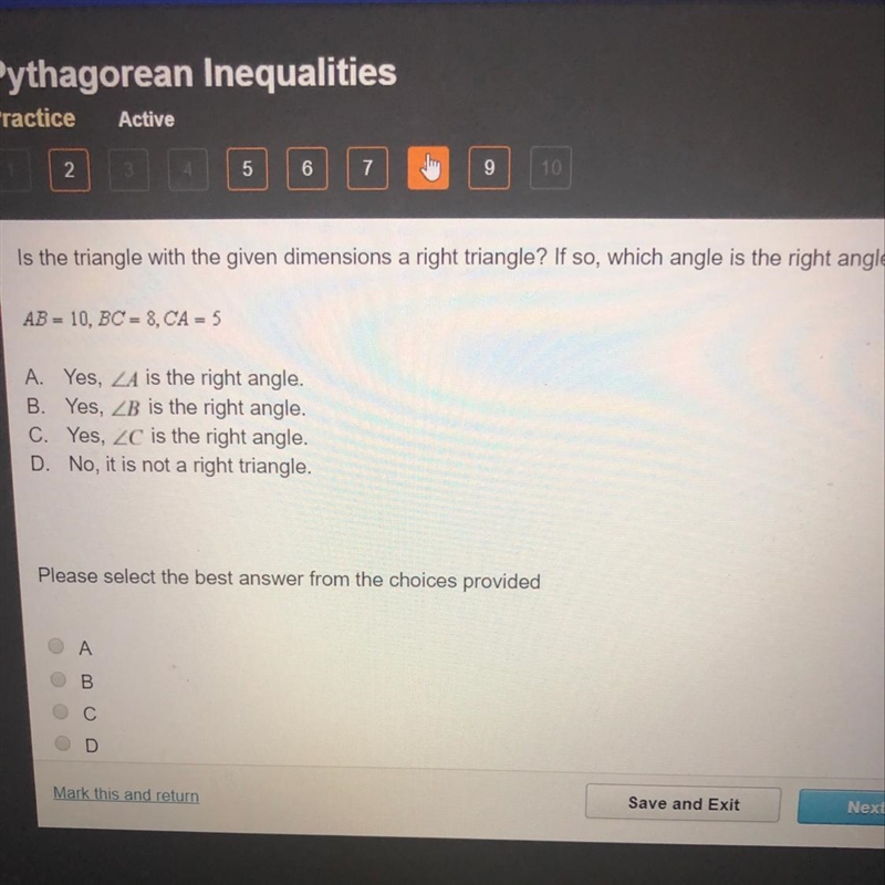 Is the triangle with the given dimensions a right triangle? If so, which angle is-example-1