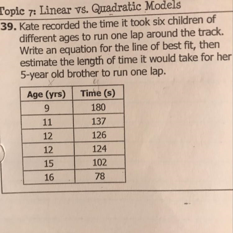 39. Kate recorded the time it took six children of different ages to run one lap around-example-1