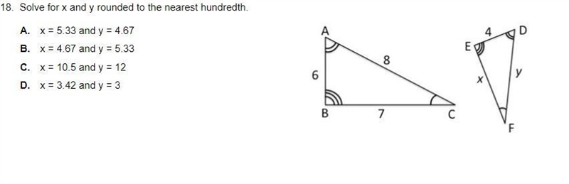 Please help.. Solve for x and y rounded to the nearest hundredth. x = 5.33 and y = 4.67 x-example-1