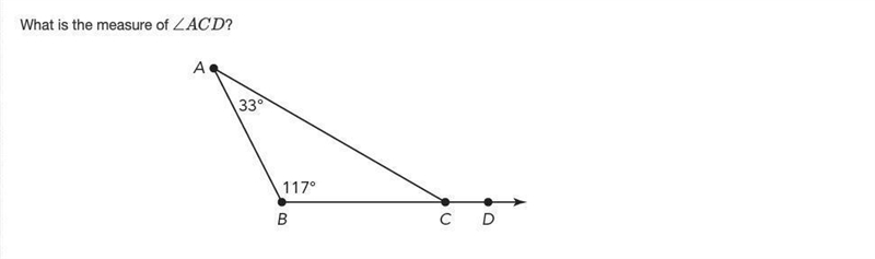 What is the measure of ∠ACD? A.30° B.63° C.147° D.150° Please help :)​-example-1