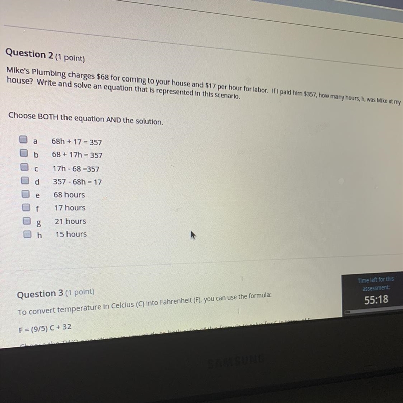 Mikes plumbing charges 68 for coming to your house and 17 per hour for labor if I-example-1