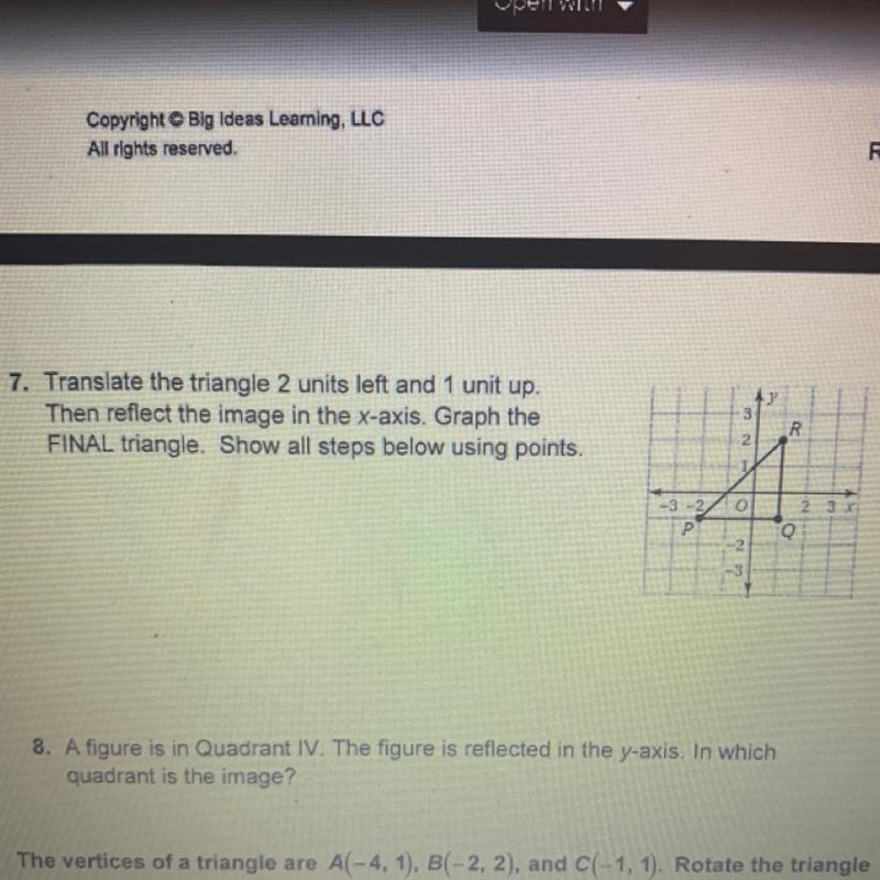 translate the triange 2 units left and 1 unit up. then reflect the image in the x-example-1