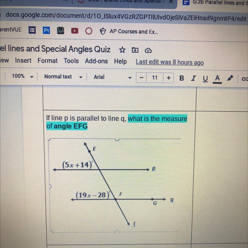 PLZ HELP If line p is parallel to line q , what is the measure of angle EFG-example-1