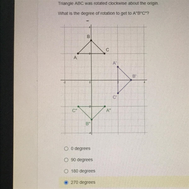 Triangle ABC was rotated clockwise about the origin What is the degree of rotation-example-1