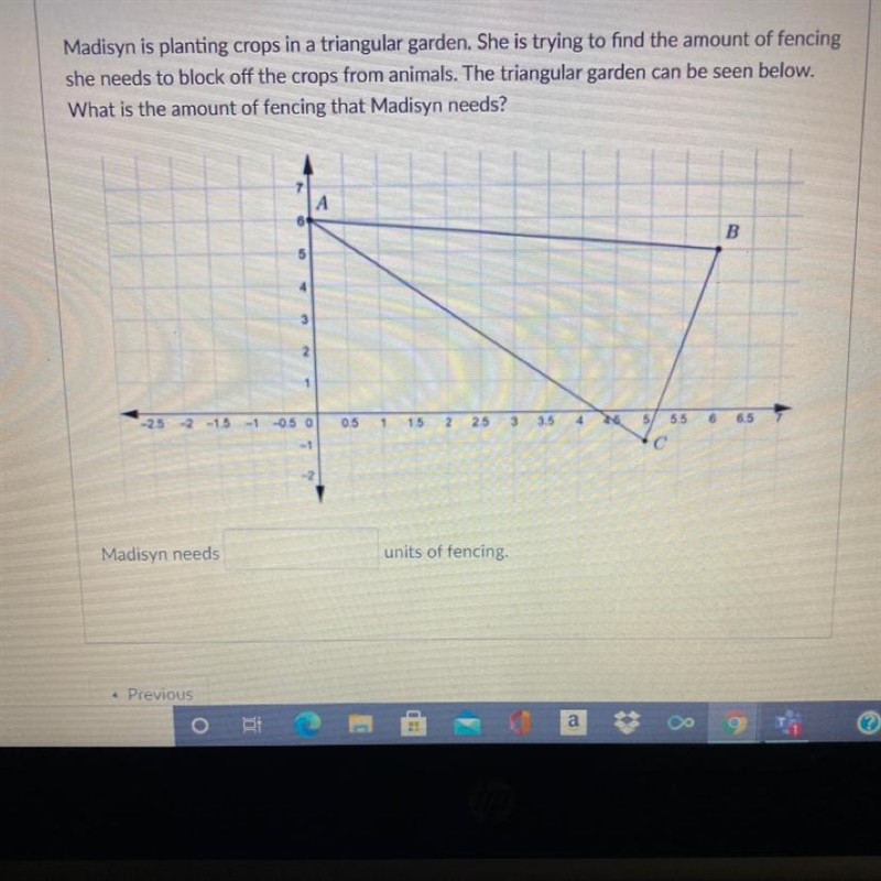 Madisyn is planting crops in a triangular garden. She is trying to find the amount-example-1