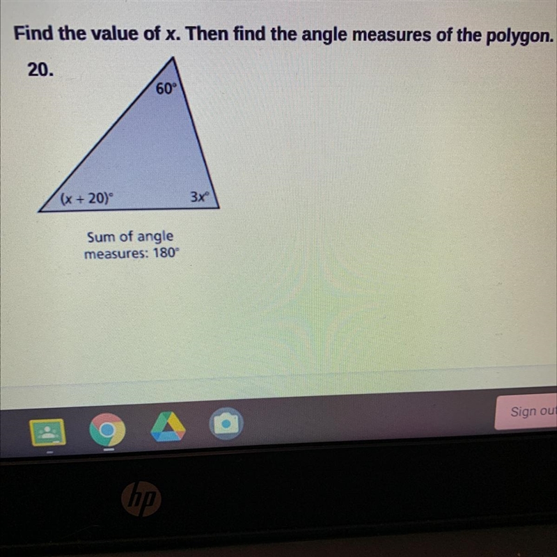 20. 60 (x + 20) Зх Sum of angle measures: 180°-example-1