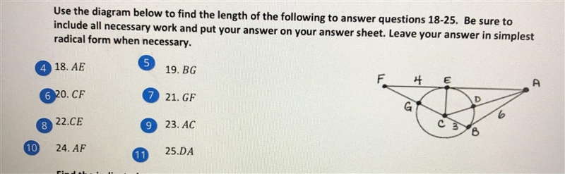 use the diagram below to find the lengths of the following answer question 18-25. Be-example-1