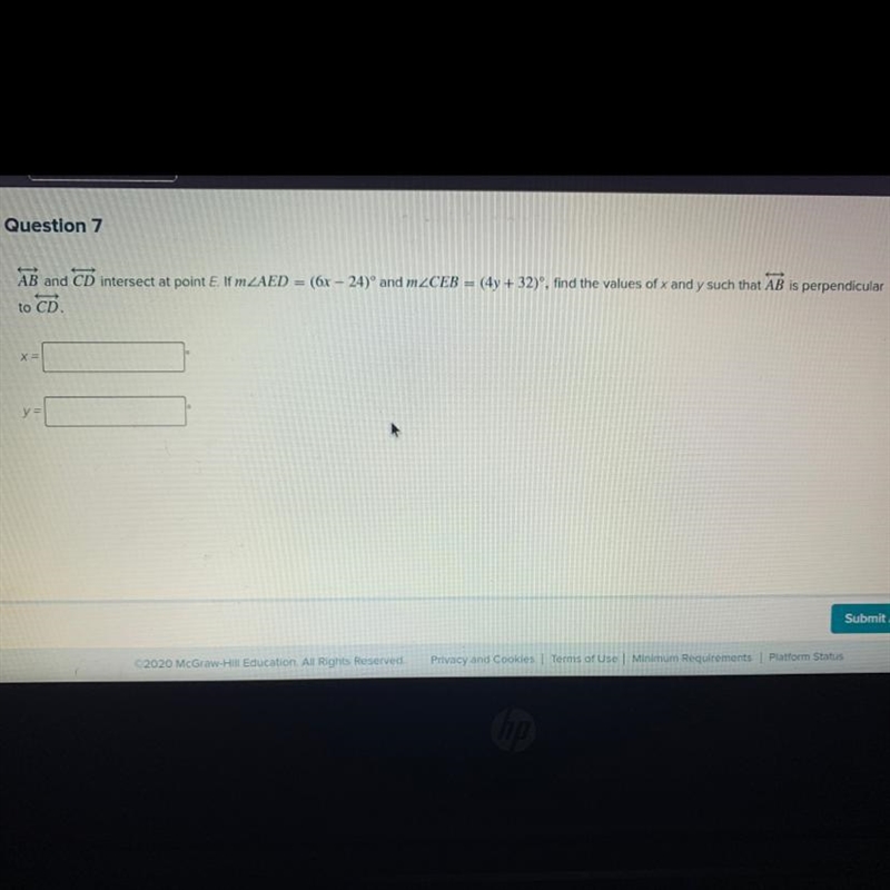 Question 7 Line AB and Line CD intersect at point E. If m to Line CD. x = y =-example-1