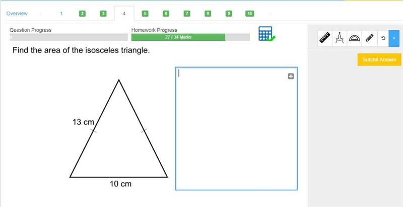 Find the area of the isosceles triangle.-example-1