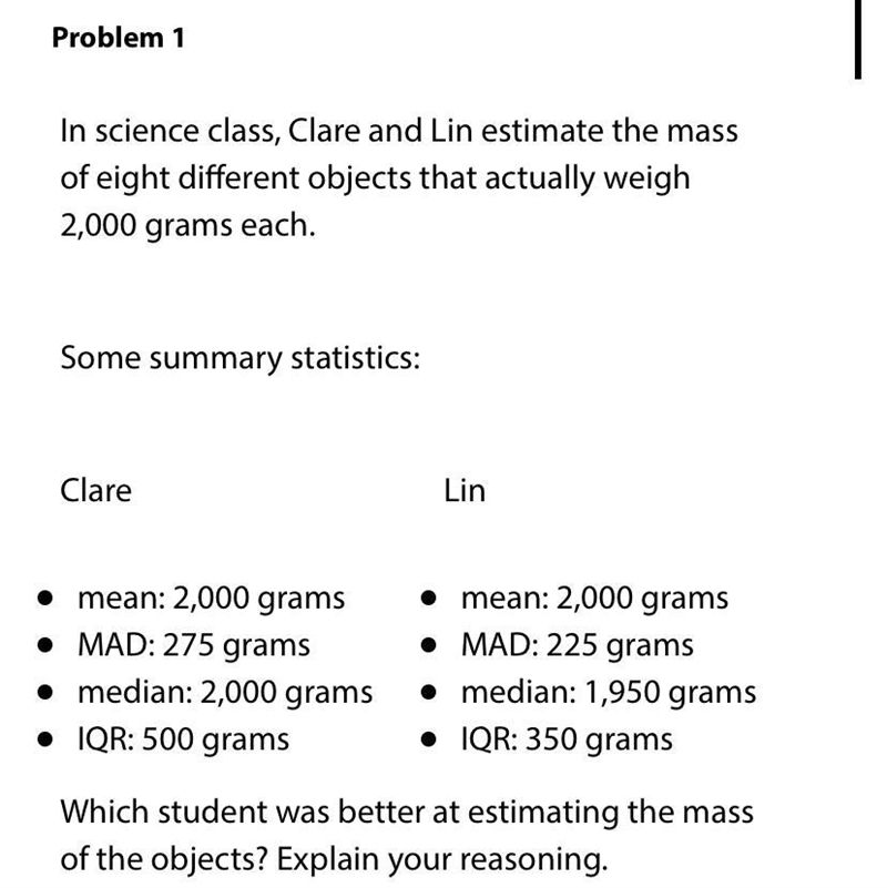 In science class, Clare and Lin estimate the mass of eight different objects that-example-1