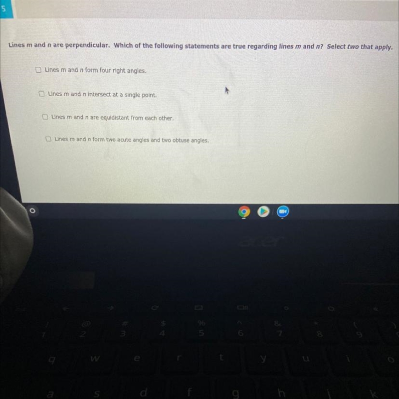 URGENT PLS HELP: Lines m and n are perpendicular. Which of the following statements-example-1