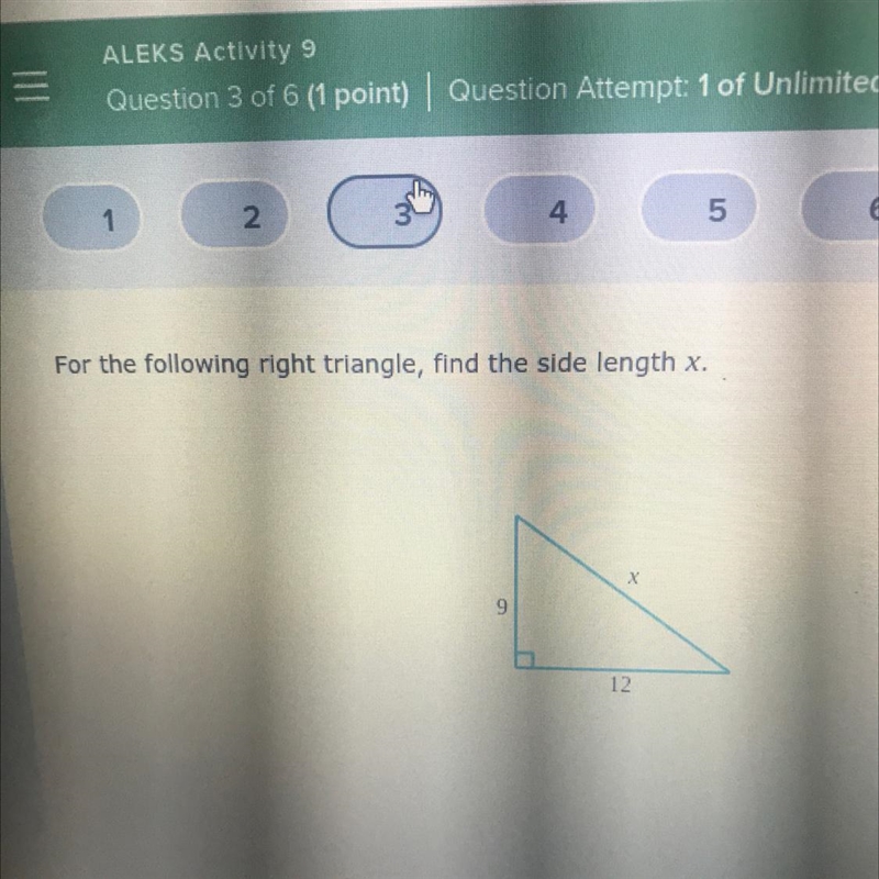 For the following right triangle, find the side length x. X 9 12-example-1