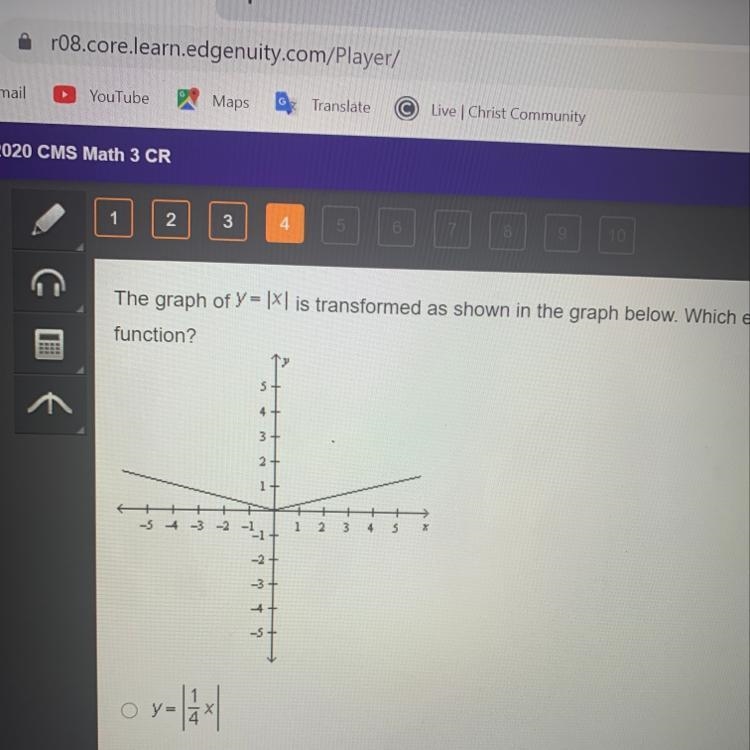 HELP ASAP I HAVE 48 MINUTES LEFT The graph of y = |xl is transformed as shown in the-example-1