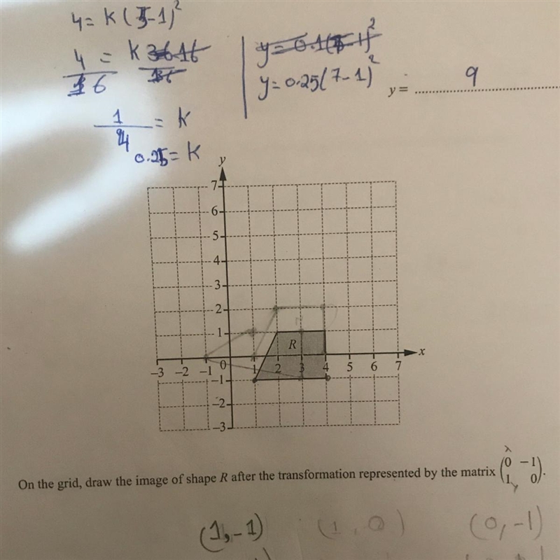 On the grid, draw the image of shape R after the transformation represented by the-example-1