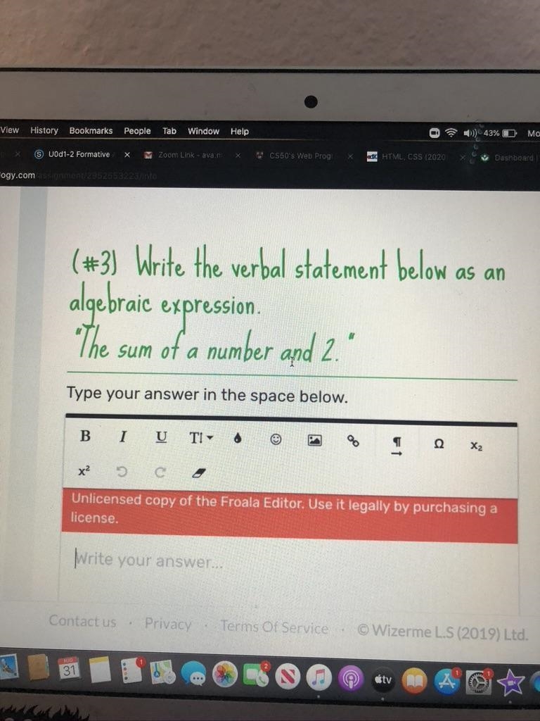 Write the algebraic expression of "What is the sum of 2"-example-1