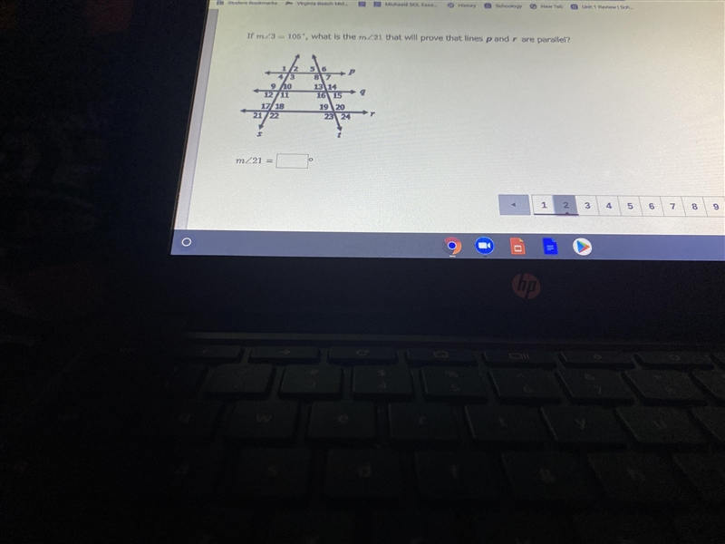 If m<3=105, what is the m<21 that will prove that lines P and R are parallel-example-1