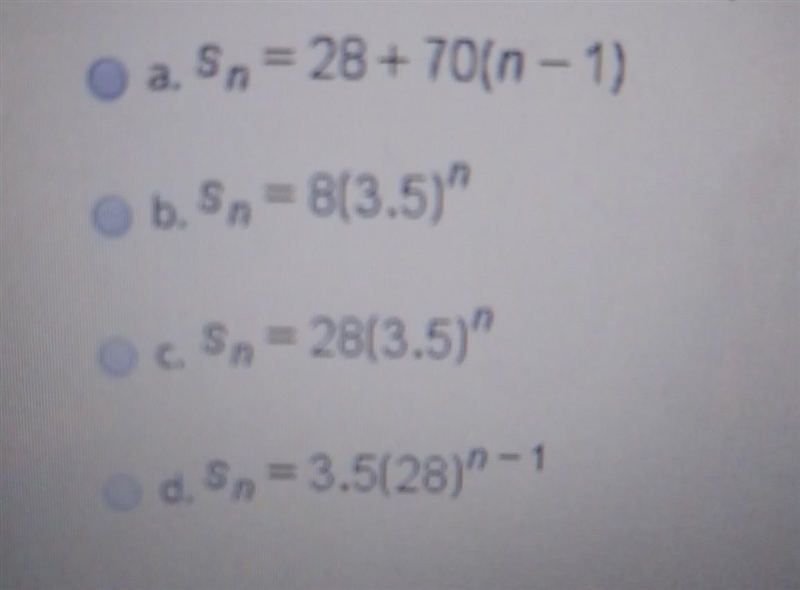 Find a formula for geometric series that begins with 28, 98, 343,...​-example-1