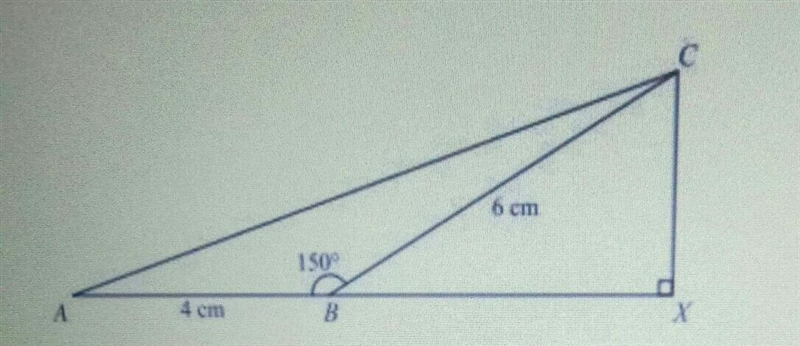 In the diagram, ABC is a triangle in which AB = 4 cm, BC = 6 cm and angle ABC = 150°. The-example-1