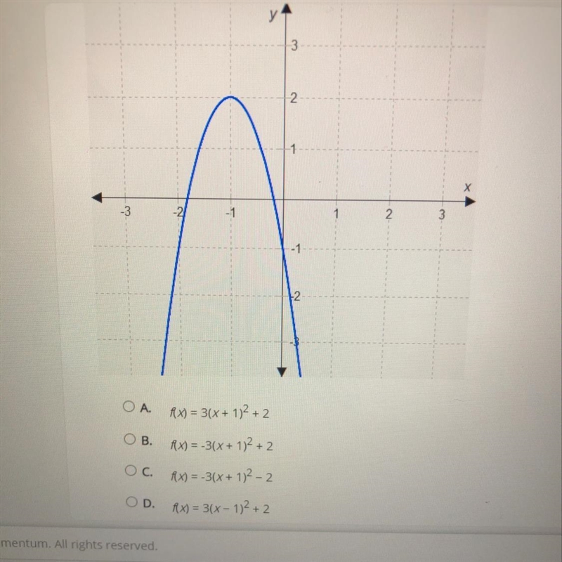 NEED HELP ASAP!!! Which function does this graph represent? A. F(x)= 3 (x+1)^2+2 B-example-1