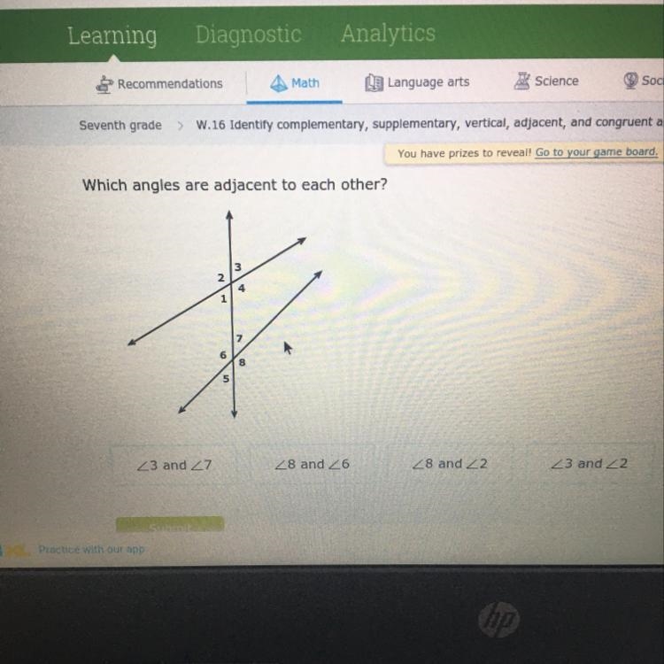 Which angles are adjacent to eachother-example-1