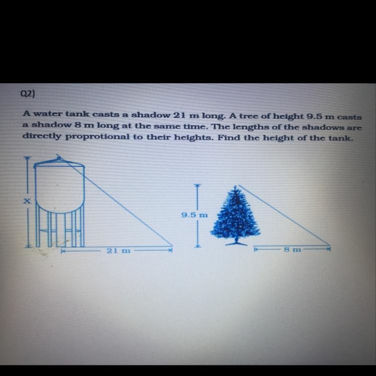 Please helppppppp A water tank casts a shadow 21 m long. A tree of height 9.5 m casts-example-1