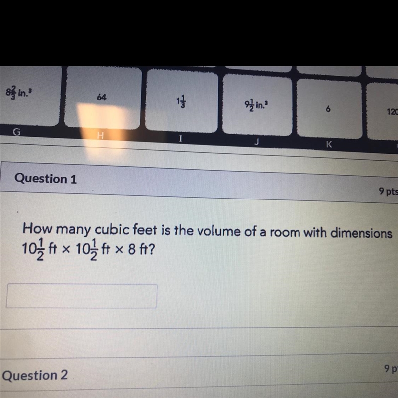 How many cubic feet is the volume of a room with dimensions 10% ft x 102ft x 8ft?-example-1