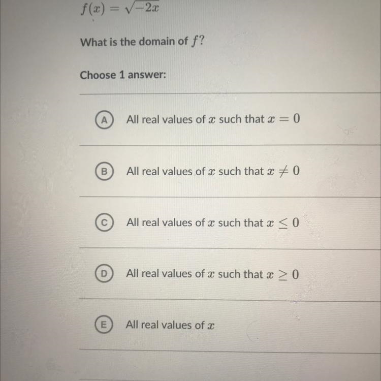 What is the domain of f? Choose 1 answers All real values of r such that=0 All real-example-1