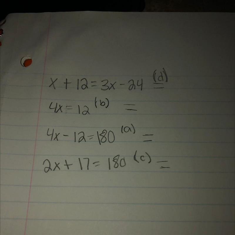 (d) x + 12=36-24 ) 4X=12 (6) 4x-12-180 la) 2x+ 17=180 (c) ****how do I solve this-example-1