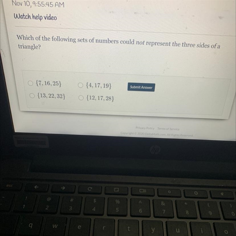 Which of the following sets of numbers could not represent the three sides of a triangle-example-1