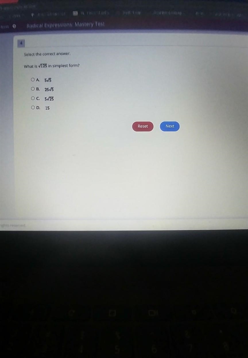 can someone plz help me with this question: select the correct answer. what is √125 in-example-1