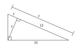 Find x, y, and z. A) x ≈ 5.2, y ≈ 15.1, z ≈ 2.1 B) x ≈ 15.1, y ≈ 5.2, z ≈ 2.1 C) x-example-1