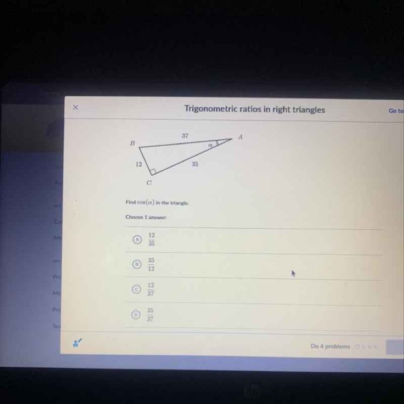 Find cos(a) in the triangle. Chonce 1 anaver.-example-1