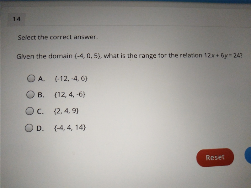 Given the domain {-4, 0, 5}, what is the range for the relation 12x, + 6y = 24?-example-1