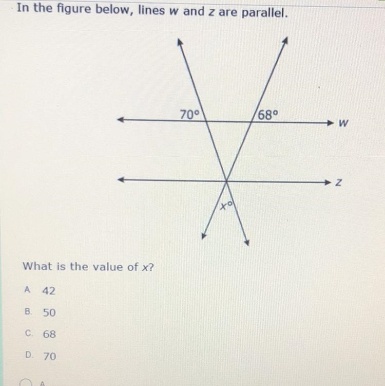 What is the value of x? A 42 В.50 C. 68 D. 70-example-1