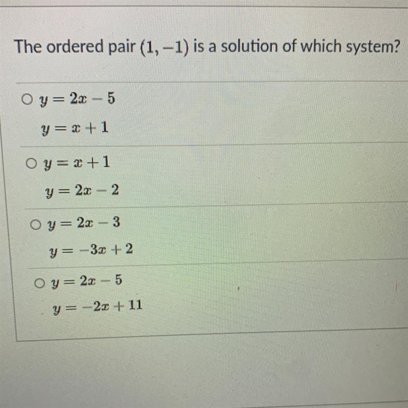 The ordered pair (1, -1) is a solution of which system? Please help due in a hour-example-1