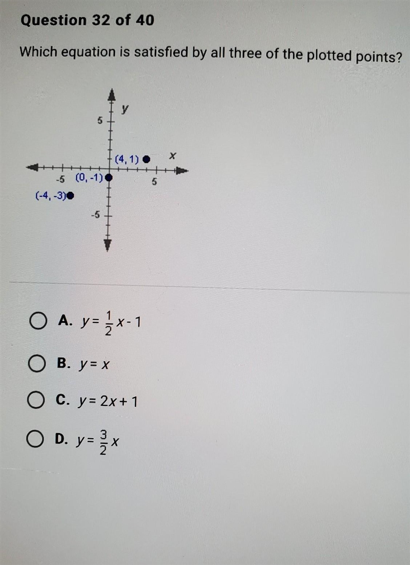 Which equation is satisfied by all three of the plotted points? ​-example-1