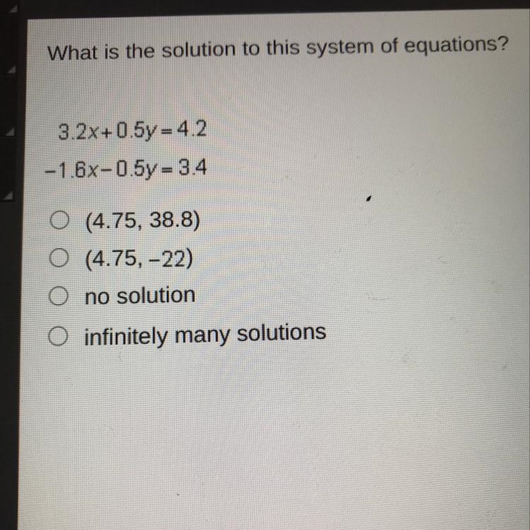 Please help this is timed What is the solution to this system of equations? 3.2x+0.5y-example-1