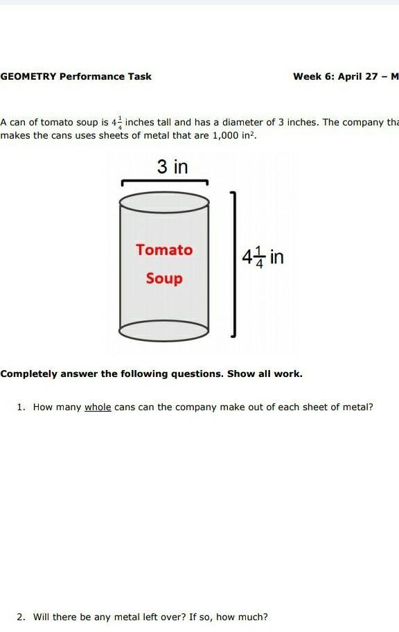 A can of tomato soup is 4-inches tall and has a diameter of 3 inches. The company-example-1