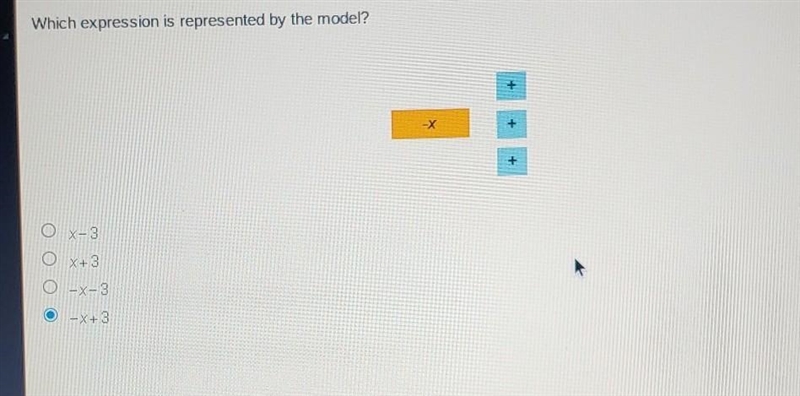 Which expression is represented by the model? + -X + O X-3 O X+3 O -x-3 O-X+3 first-example-1