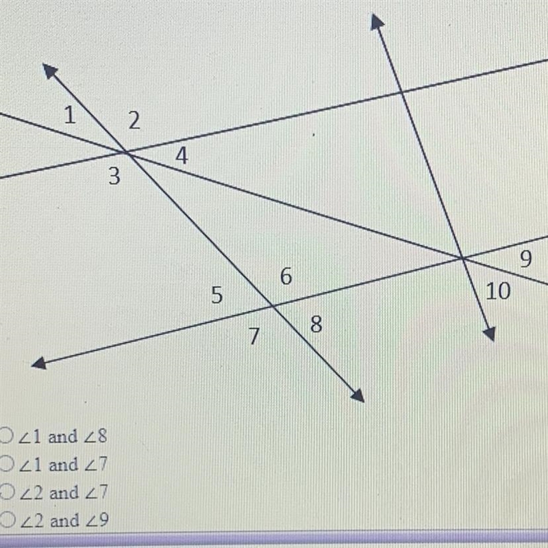 Which pair of angles are alternate exterior angles? A) 1 and 8 B) 1 and 7 C) 2 and-example-1