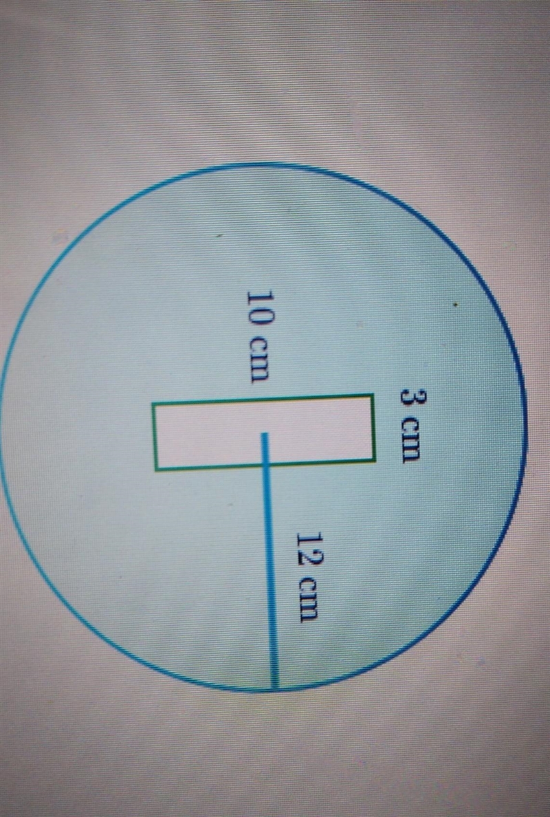 A 3 cm x 10 cm rectangle sits inside a circle with radius of 12 cm. What is the area-example-1