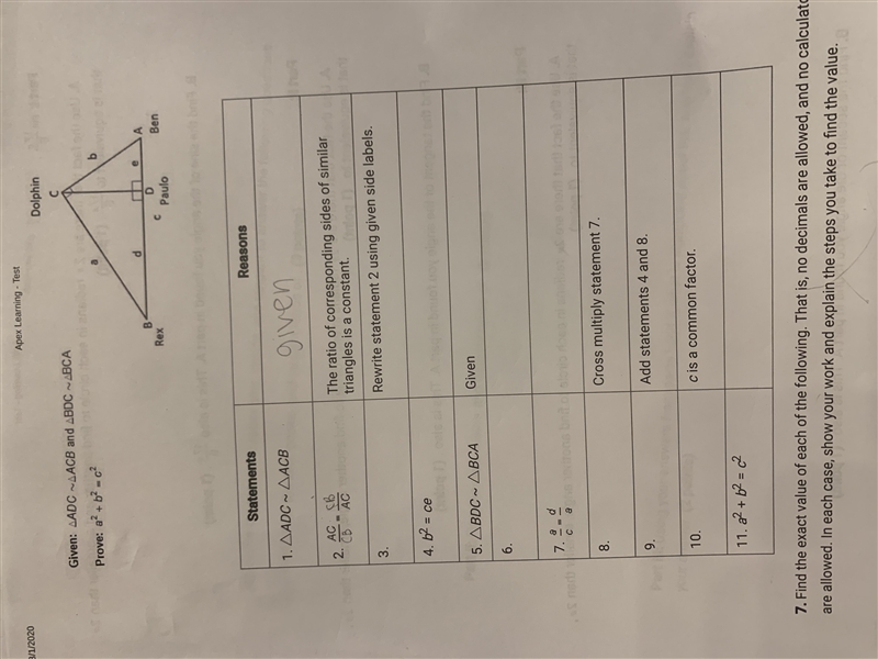 Given ADC ACB and BDC BCA prove a squared + b squared = c squared. Use the two Column-example-1