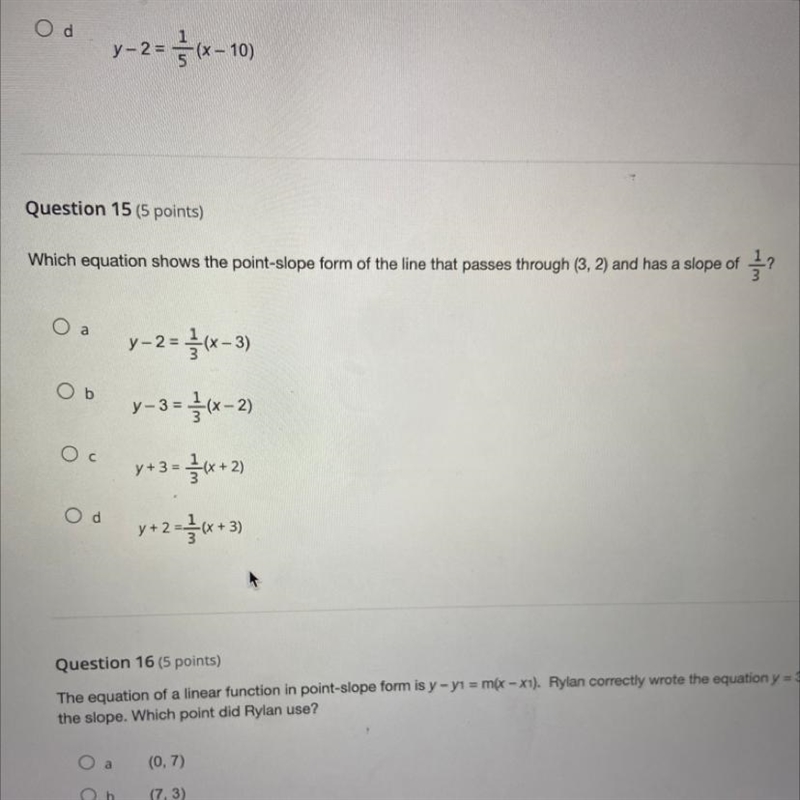 Wish equations shows the point slope form of the line that passes through (3, 2) and-example-1