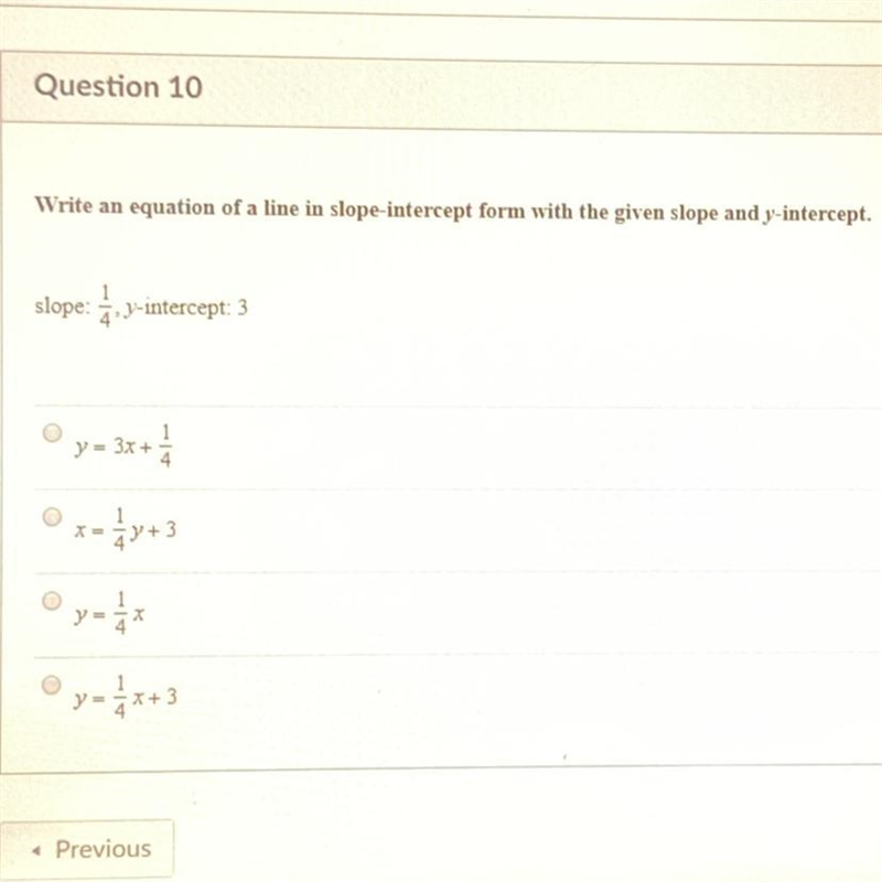 Slope:1/4, y-intercept:3-example-1