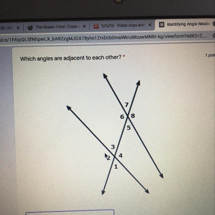 Which angles are adjacent to eachother-example-1