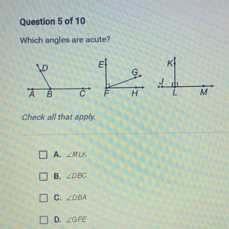 Which angles are acute? check all that apply.-example-1