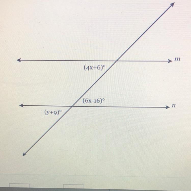 Given m || n, find the value of x and y. m (4x+6) (6X-16) n (y+9)-example-1