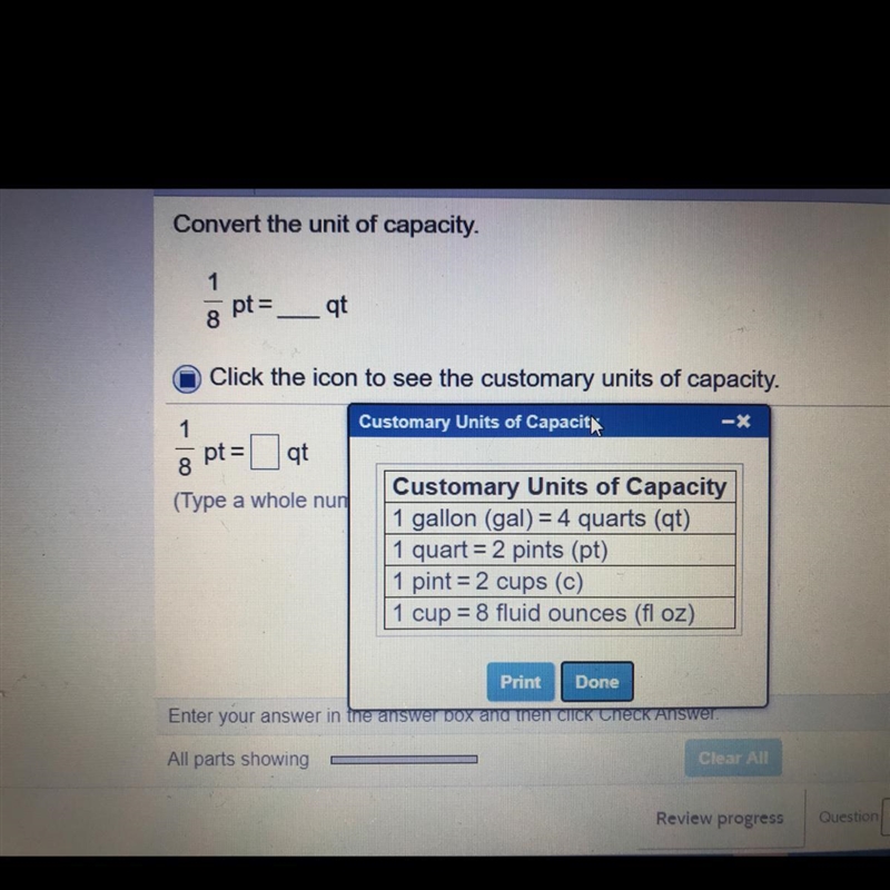 Convert the unit of capacity. 1/8 pt = __ qt-example-1